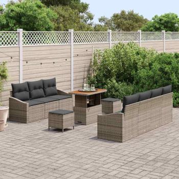 ARDEBO.de - 10-teiliges Garten-Sofa-Set mit Kissen Grau Poly Rattan Akazie, 2-Sitzer Garten-Sofa mit Kissen Grau Poly Rattan, 3-teiliges Garten-Ess-Set mit Kissen Grau Poly Rattan Akazie