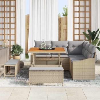 8-teiliges Garten Sofa Set mit Kissen Beige Poly Rattan Akazie, 2-Sitzer Garten Sofa mit Kissen Beige Poly Rattan, 3-teiliges Garten Esstisch Set mit Kissen Beige Poly Rattan Akazie