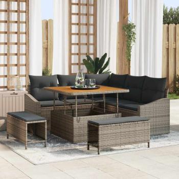 ARDEBO.de - 8-teiliges Garten Sofa Set mit Kissen Grau Poly Rattan, 2-Sitzer Garten Sofa mit Kissen Grau Poly Rattan, 3-teiliges Garten Essenset mit Kissen Grau Poly Rattan