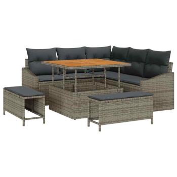 8-teiliges Garten Sofa Set mit Kissen Grau Poly Rattan, 2-Sitzer Garten Sofa mit Kissen Grau Poly Rattan, 3-teiliges Garten Essenset mit Kissen Grau Poly Rattan