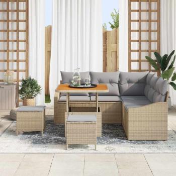8-teiliges Garten-Sofa-Set mit Kissen Beige Poly Rattan Akazie, 2-Sitzer Garten-Sofa mit Kissen Beige Poly Rattan, 3-teiliges Garten-Ess-Set mit Kissen Beige Poly Rattan Akazie