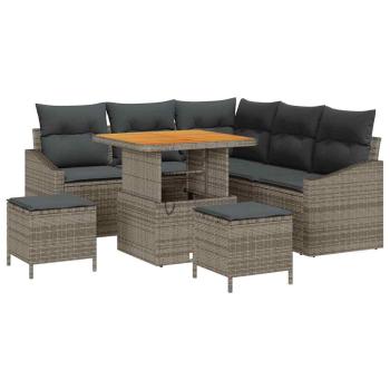 8-teiliges Garten Sofa Set mit Kissen Grau Poly Rattan Akazie, 2-Sitzer Garten Sofa mit Kissen Grau Poly Rattan, 3-teiliges Garten Ess-Set mit Kissen Grau Poly Rattan Akazie