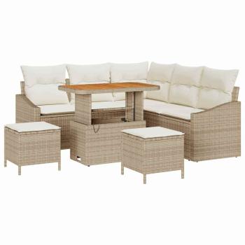 8-teiliges Garten Sofa Set mit Kissen Beige Poly Rattan Akazie, 2-Sitzer Garten Sofa mit Kissen Beige Poly Rattan, 3-teiliges Garten Essset mit Kissen Beige Poly Rattan Akazie