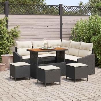 ARDEBO.de - 9-teiliges Garten Sofa Set mit Kissen Schwarz Poly Rattan Akazie, 2-Sitzer Garten Sofa mit Kissen Schwarz Poly Rattan, 4-teiliges Garten Essset mit Kissen Schwarz Poly Rattan Akazie