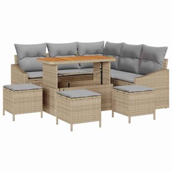 9 Teile Garten Sofa Set mit Kissen Beige Poly Rattan Akazie, 2-Sitzer Garten Sofa mit Kissen Beige Poly Rattan, 4-teiliges Garten Essset mit Kissen Beige Poly Rattan Akazie