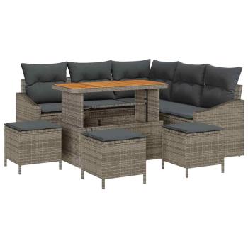 9-teiliges Garten-Sofa-Set mit Kissen Grau Poly-Rattan Akazie, 2-Sitzer Garten-Sofa mit Kissen Grau Poly-Rattan, 4-teiliges Garten-Esszimmer-Set mit Kissen Grau Poly-Rattan Akazie