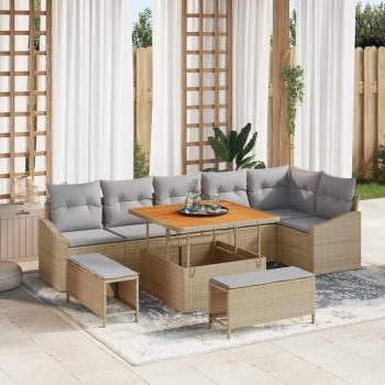 ARDEBO.de - 9-teiliges Garten Sofa Set mit Kissen Beige Poly Rattan Akazie, 2-Sitzer Garten Sofa mit Kissen Beige Poly Rattan, 3-teiliges Garten Essset mit Kissen Beige Poly Rattan Akazie