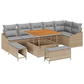 9-teiliges Garten Sofa Set mit Kissen Beige Poly Rattan Akazie, 2-Sitzer Garten Sofa mit Kissen Beige Poly Rattan, 3-teiliges Garten Essset mit Kissen Beige Poly Rattan Akazie