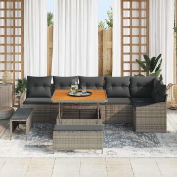 9-teiliges Garten Sofa Set mit Kissen Grau Poly Rattan Akazie, 2-Sitzer Garten Sofa mit Kissen Grau Poly Rattan, 3-teiliges Garten Essenset mit Kissen Grau Poly Rattan Akazie
