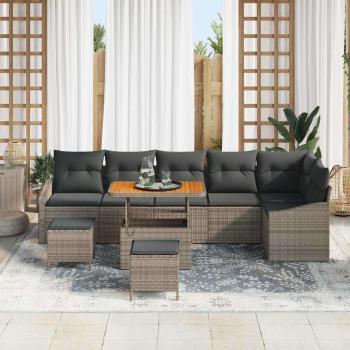 9-teiliges Garten-Sofaset mit Kissen Grau Poly-Rattan Akazie, 2-Sitzer Garten-Sofa mit Kissen Grau Poly-Rattan, 3-teiliges Garten-Ess-Set mit Kissen Grau Poly-Rattan Akazie