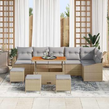 10-teiliges Garten Sofa Set mit Kissen Beige Poly Rattan Akazie, 2-Sitzer Garten Sofa mit Kissen Beige Poly Rattan, 4-teiliges Garten Esstisch Set mit Kissen Beige Poly Rattan Akazie