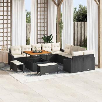 ARDEBO.de - 13-teiliges Garten-Sofa-Set mit Kissen Schwarz Poly-Rattan Akazie, 2-Sitzer Garten-Sofa mit Kissen Schwarz Poly-Rattan, 3-teiliges Garten-Ess-Set mit Kissen Schwarz Poly-Rattan Akazie