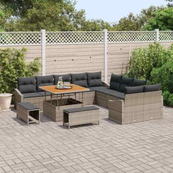 13-teiliges Garten Sofa Set mit Kissen graues Poly Rattan Akazie, 2-Sitzer Garten Sofa mit Kissen graues Poly Rattan, 3-teiliges Garten Essset mit Kissen graues Poly Rattan Akazie