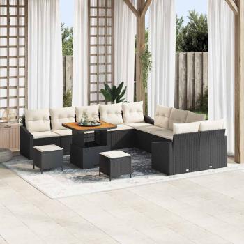 ARDEBO.de - 13-teiliges Garten-Sofa-Set mit Kissen Schwarz Poly-Rattan Akazie, 2-Sitzer-Garten-Sofa mit Kissen Schwarz Poly-Rattan, 3-teiliges Garten-Ess-Set mit Kissen Schwarz Poly-Rattan Akazie