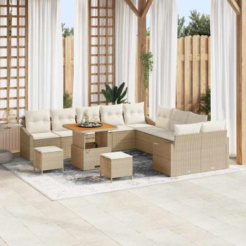 ARDEBO.de - 13-teiliges Garten Sofa Set mit Kissen Beige Poly Rattan Akazie, 2-Sitzer Garten Sofa mit Kissen Beige Poly Rattan, 3-teiliges Garten Esstisch Set mit Kissen Beige Poly Rattan Akazie