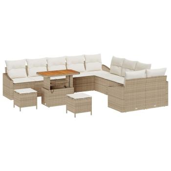 13-teiliges Garten-Sofa-Set mit Kissen Beige Poly-Rattan Akazie, 2-Sitzer-Garten-Sofa mit Kissen Beige Poly-Rattan, 3-teiliges Garten-Ess-Set mit Kissen Beige Poly-Rattan Akazie