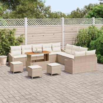 14-teiliges Garten Sofa Set mit Kissen Beiges Poly Rattan Akazie, 2-Sitzer Garten Sofa mit Kissen Beiges Poly Rattan, 4-teiliges Garten-Dining Set mit Kissen Beiges Poly Rattan Akazie