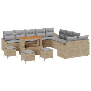 14-teiliges Garten Sofa Set mit Kissen Beige Poly Rattan Akazie, 2-Sitzer Garten Sofa mit Kissen Beige Poly Rattan, 4-teiliges Garten Essenset mit Kissen Beige Poly Rattan Akazie