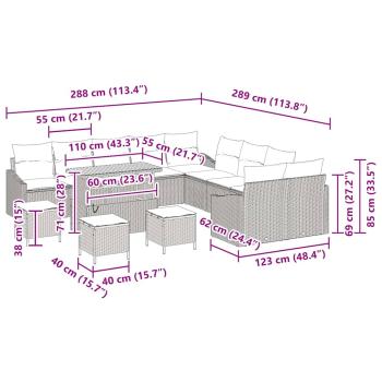 14-teiliges Garten Sofa Set mit Kissen Beige Poly Rattan Akazie, 2-Sitzer Garten Sofa mit Kissen Beige Poly Rattan, 4-teiliges Garten Essenset mit Kissen Beige Poly Rattan Akazie
