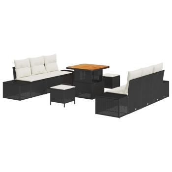 9-teilige Garten Sofa Set mit Kissen Schwarz Poly Rattan Akazie, 2-Sitzer Garten Sofa mit Kissen Schwarz Poly Rattan, 3-teilige Garten Esstisch Set mit Kissen Schwarz Poly Rattan Akazie