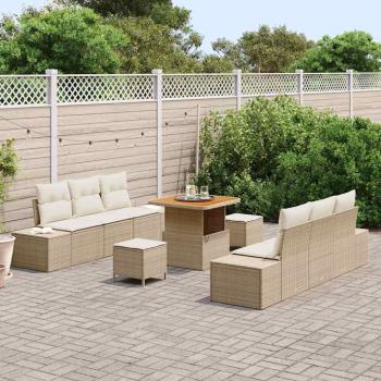 9-teiliges Garten Sofa Set mit Kissen Beige Poly Rattan Akazie, 2-Sitzer Garten Sofa mit Kissen Beige Poly Rattan, 3-teiliges Garten Esstisch Set mit Kissen Beige Poly Rattan Akazie