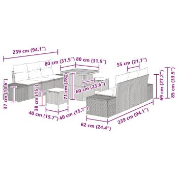 9-teiliges Garten Sofa Set mit Kissen Beige Poly Rattan Akazie, 2-Sitzer Garten Sofa mit Kissen Beige Poly Rattan, 3-teiliges Garten Esstisch Set mit Kissen Beige Poly Rattan Akazie