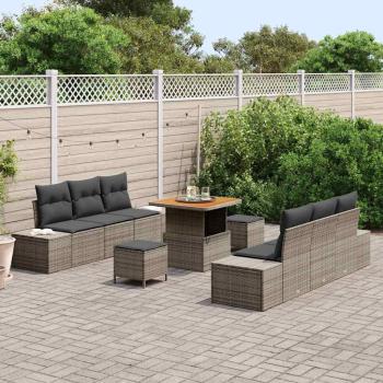 9-teiliges Garten Sofa Set mit Kissen Grau Poly Rattan Akazie, 2-Sitzer Garten Sofa mit Kissen Grau Poly Rattan, 3-teiliges Garten Esstisch Set mit Kissen Grau Poly Rattan Akazie