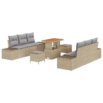9-teiliges Garten Sofa Set mit Kissen Beige Poly-Rattan Akazie, 2-Sitzer Garten Sofa mit Kissen Beige Poly-Rattan, 3-teiliges Garten Essset mit Kissen Beige Poly-Rattan Akazie