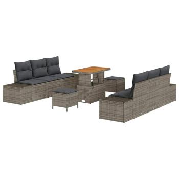 9-teilige Garten-Sofa-Garnitur mit Kissen Grau Poly Rattan Akazie, 2-Sitzer Garten-Sofa mit Kissen Grau Poly Rattan, 3-teilige Garten-Essgruppe mit Kissen Grau Poly Rattan Akazie