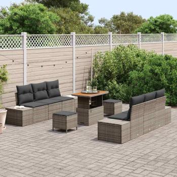 9-teilige Garten-Sofa-Garnitur mit Kissen Grau Poly Rattan Akazie, 2-Sitzer Garten-Sofa mit Kissen Grau Poly Rattan, 3-teilige Garten-Essgruppe mit Kissen Grau Poly Rattan Akazie