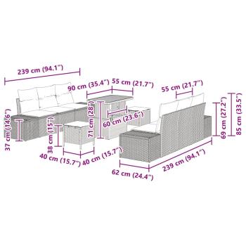 9-teilige Garten-Sofa-Garnitur mit Kissen Grau Poly Rattan Akazie, 2-Sitzer Garten-Sofa mit Kissen Grau Poly Rattan, 3-teilige Garten-Essgruppe mit Kissen Grau Poly Rattan Akazie