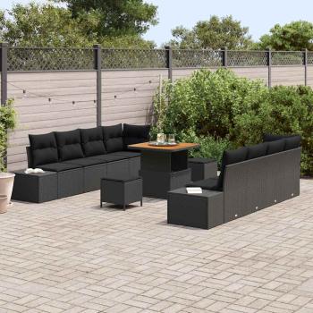 ARDEBO.de - 11-teiliges Garten-Sofa-Set mit Kissen Schwarz Poly Rattan Akazie, 2-Sitzer Garten Sofa mit Kissen Schwarz Poly Rattan, 3-teiliges Garten Esstisch-Set mit Kissen Schwarz Poly Rattan Akazie