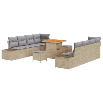 11-teiliges Garten-Sofa-Set mit Kissen Beige Poly-Rattan Akazie, 2-Sitzer Garten-Sofa mit Kissen Beige Poly-Rattan, 3-teiliges Garten-Esszimmer-Set mit Kissen Beige Poly-Rattan Akazie