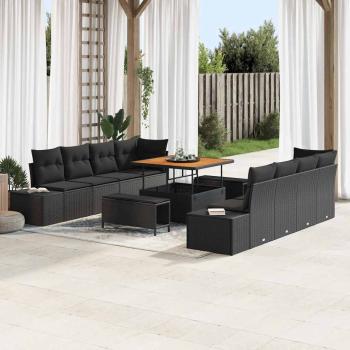 ARDEBO.de - 11-teilige Garten Sofa Gruppe mit Kissen Schwarz Poly Rattan Akazie, 2-Sitzer Garten Sofa mit Kissen Schwarz Poly Rattan, 3-teilige Garten Esstischgruppe mit Kissen Schwarz Poly Rattan Akazie