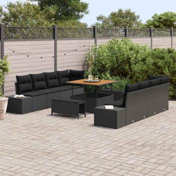 11-teilige Garten Sofa Gruppe mit Kissen Schwarz Poly Rattan Akazie, 2-Sitzer Garten Sofa mit Kissen Schwarz Poly Rattan, 3-teilige Garten Esstischgruppe mit Kissen Schwarz Poly Rattan Akazie