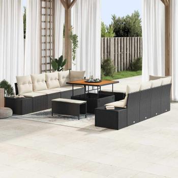 ARDEBO.de - 11-teiliges Garten Sofa Set mit Kissen Schwarz Poly-Rattan Akazie, 2-Sitzer Garten Sofa mit Kissen Schwarz Poly-Rattan, 3-teilige Garten Essgruppe mit Kissen Schwarz Poly-Rattan Akazie