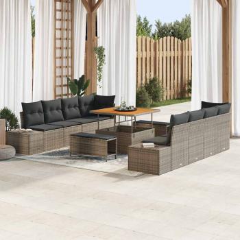 ARDEBO.de - 11-teiliges Garten Sofa Set mit Kissen Grau Poly Rattan Akazie, 2-Sitzer Garten Sofa mit Kissen Grau Poly Rattan, 3-teiliges Garten Ess-Set mit Kissen Grau Poly Rattan Akazie