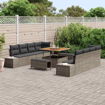 11-teiliges Garten Sofa Set mit Kissen Grau Poly Rattan Akazie, 2-Sitzer Garten Sofa mit Kissen Grau Poly Rattan, 3-teiliges Garten Ess-Set mit Kissen Grau Poly Rattan Akazie