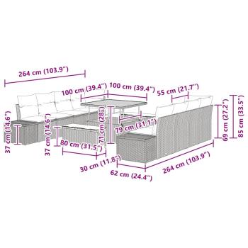 11-teiliges Garten Sofa Set mit Kissen Grau Poly Rattan Akazie, 2-Sitzer Garten Sofa mit Kissen Grau Poly Rattan, 3-teiliges Garten Ess-Set mit Kissen Grau Poly Rattan Akazie