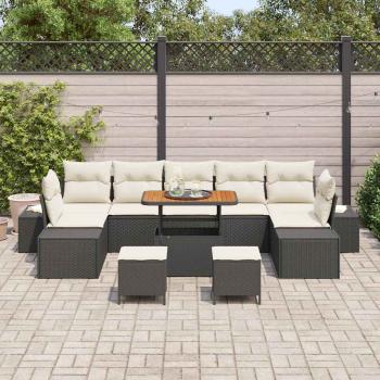 10-teiliges Garten-Sofa-Set mit Kissen Schwarz Poly-Rattan Akazie, 2-Sitzer Garten-Sofa mit Kissen Schwarz Poly-Rattan, 3-teiliges Garten-Ess-Set mit Kissen Schwarz Poly-Rattan Akazie