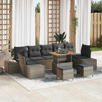 ARDEBO.de - 10-teiliges Garten-Sofa-Set mit Kissen Grau Poly-Rattan Akazie, 2-Sitzer Garten-Sofa mit Kissen Grau Poly-Rattan, 3-teiliges Garten-Dining-Set mit Kissen Grau Poly-Rattan Akazie