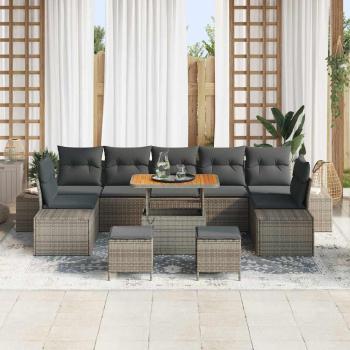 10-teiliges Garten-Sofa-Set mit Kissen Grau Poly-Rattan Akazie, 2-Sitzer Garten-Sofa mit Kissen Grau Poly-Rattan, 3-teiliges Garten-Dining-Set mit Kissen Grau Poly-Rattan Akazie