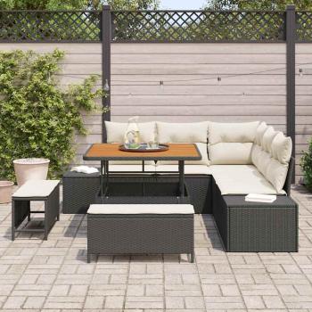 8-teiliges Garten Sofa Set mit Kissen Schwarz Poly Rattan Akazie, 2-Sitzer Garten Sofa mit Kissen Schwarz Poly Rattan, 3-teiliges Garten Essset mit Kissen Schwarz Poly Rattan Akazie