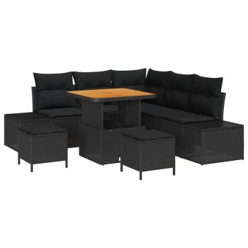 8-teiliges Garten-Sofa-Set mit Kissen Schwarz Poly Rattan Akazie, 2-Sitzer Garten-Sofa mit Kissen Schwarz Poly Rattan, 3-teiliges Garten-Ess-Set mit Kissen Schwarz Poly Rattan Akazie