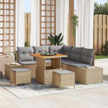 ARDEBO.de - 8-teiliges Garten Sofa Set mit Kissen Beige Poly Rattan Akazie, 2-Sitzer Garten Sofa mit Kissen Beige Poly Rattan, 3-teiliges Garten Esstischset mit Kissen Beige Poly Rattan Akazie