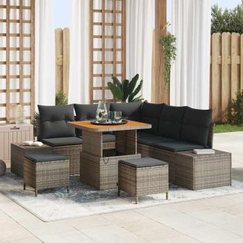ARDEBO.de - 8-teiliges Garten Sofa Set mit Kissen Grau Poly Rattan Akazie, 2-Sitzer Garten Sofa mit Kissen Grau Poly Rattan, 3-teiliges Garten Essset mit Kissen Grau Poly Rattan Akazie