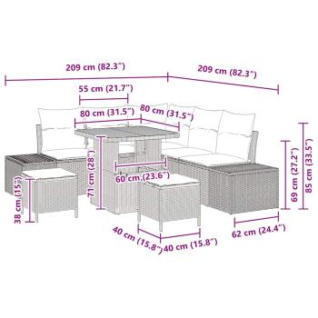 8-teiliges Garten Sofa Set mit Kissen Grau Poly Rattan Akazie, 2-Sitzer Garten Sofa mit Kissen Grau Poly Rattan, 3-teiliges Garten Essset mit Kissen Grau Poly Rattan Akazie