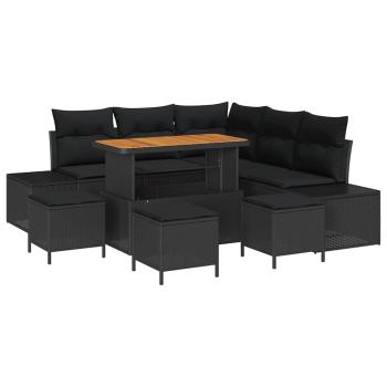 ARDEBO.de - 9-teiliges Garten Sofa Set mit Kissen Schwarz Poly Rattan Akazie, 2-Sitzer Garten Sofa mit Kissen Schwarz Poly Rattan, 4-teiliges Garten Essset mit Kissen Schwarz Poly Rattan Akazie