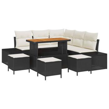 9-teiliges Garten Sofaset mit Kissen Schwarz Poly Rattan Akazie, 2-Sitzer Garten Sofa mit Kissen Schwarz Poly Rattan, 4-teiliges Garten Essenset mit Kissen Schwarz Poly Rattan Akazie