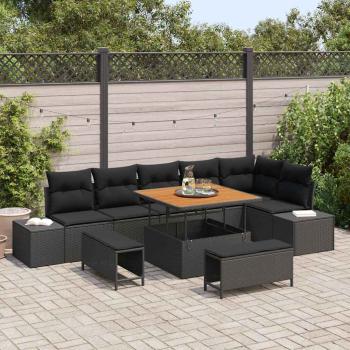 ARDEBO.de - 9-teiliges Garten Sofa Set mit Kissen Schwarz Poly Rattan Akazie, 2-Sitzer Garten Sofa mit Kissen Schwarz Poly Rattan, 3-teiliges Garten Essensemble mit Kissen Schwarz Poly Rattan Akazie